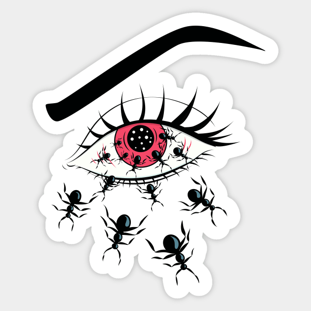 Scary Red Eye With Creepy Crawling Ants Sticker by Boriana Giormova